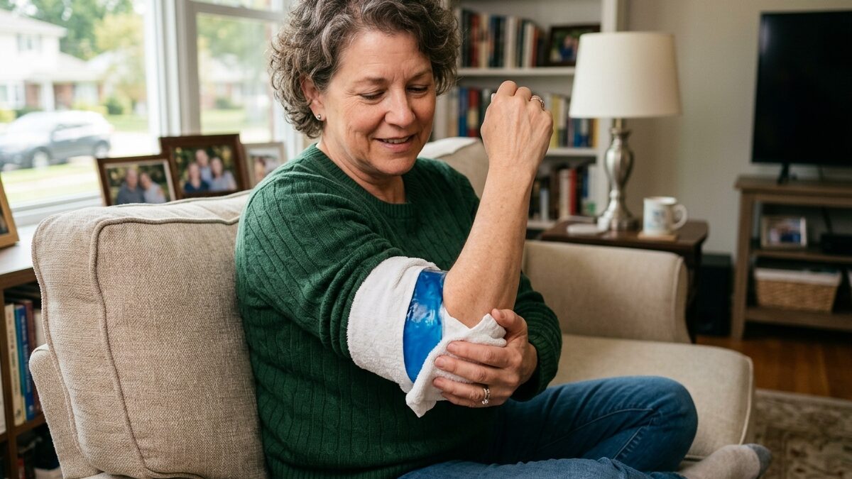 person applying cold pack to painful elbow - do you use heat or ice for tendonitis