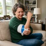 person applying cold pack to painful elbow - do you use heat or ice for tendonitis
