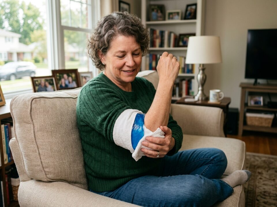 person applying cold pack to painful elbow - do you use heat or ice for tendonitis