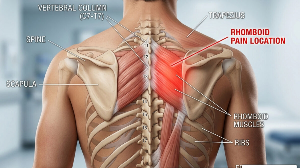 Location of rhomboid pain between the shoulder blades and spine - rhomboid pain