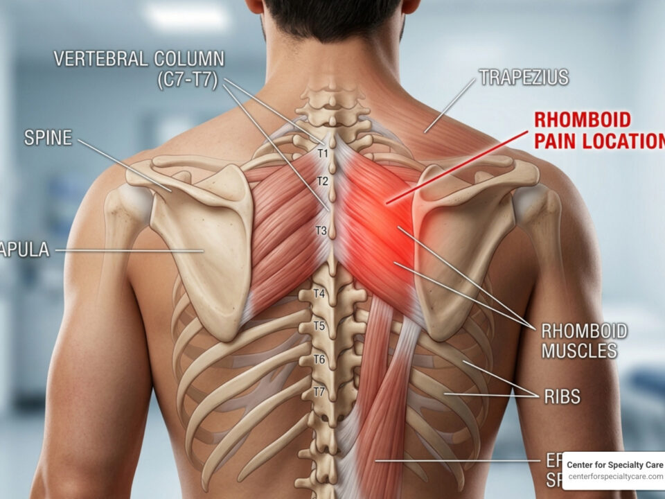Location of rhomboid pain between the shoulder blades and spine - rhomboid pain