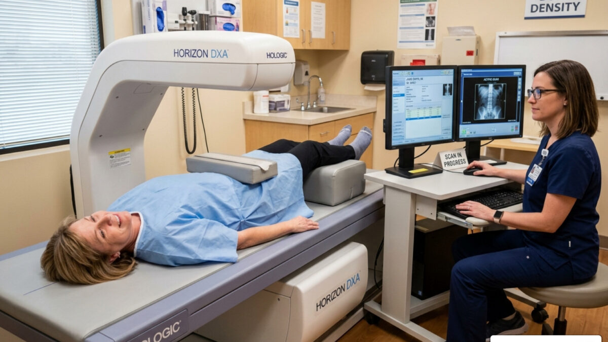 patient undergoing a DEXA scan for bone density measurement - bone density medication