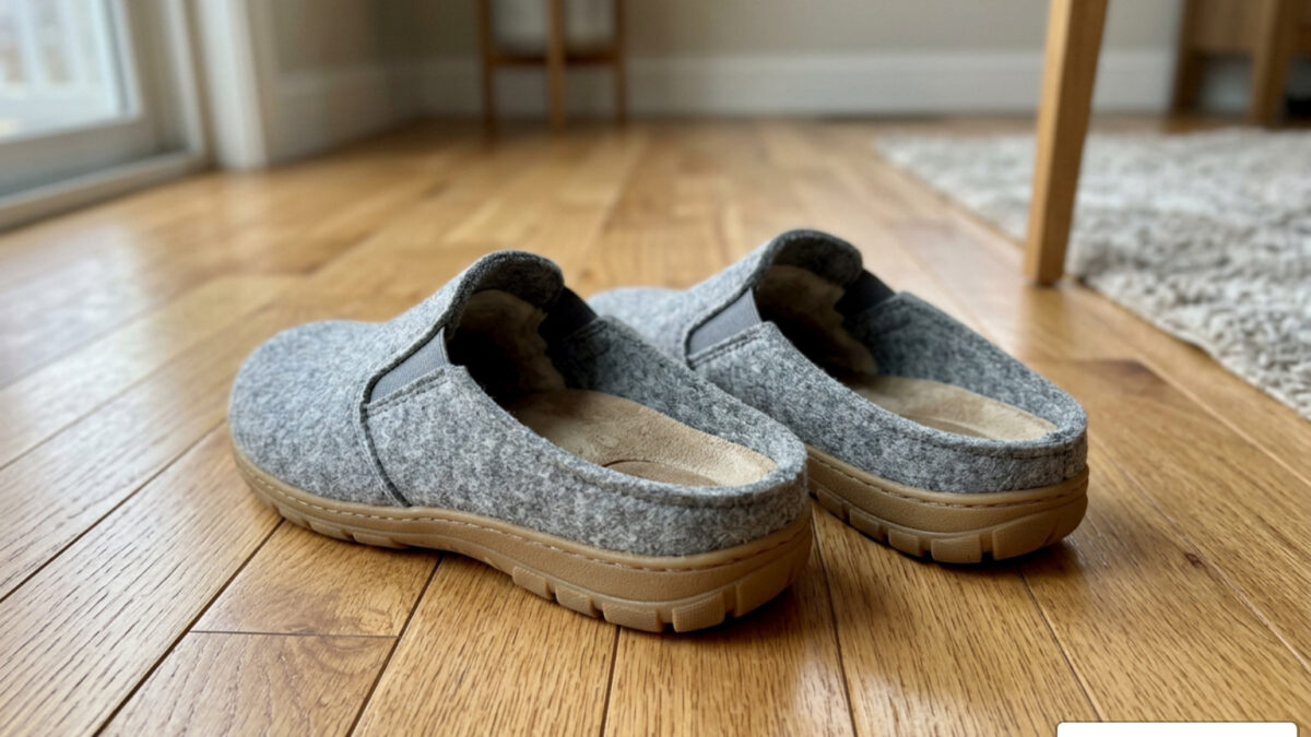 orthopedic slippers for flat feet on hardwood floor