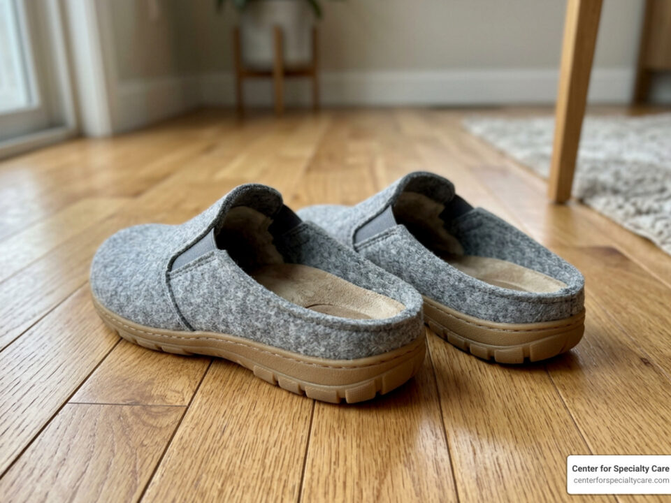 orthopedic slippers for flat feet on hardwood floor