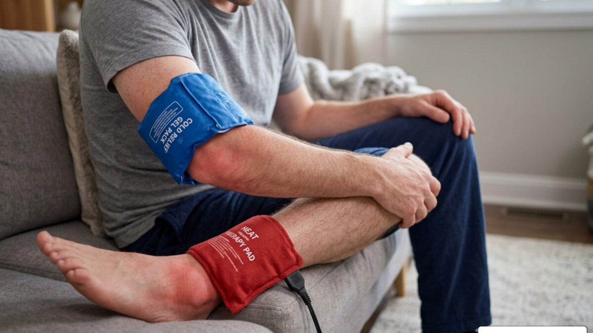 ice pack and heat pad next to an inflamed elbow and Achilles tendon - is heat or ice better for tendon pain