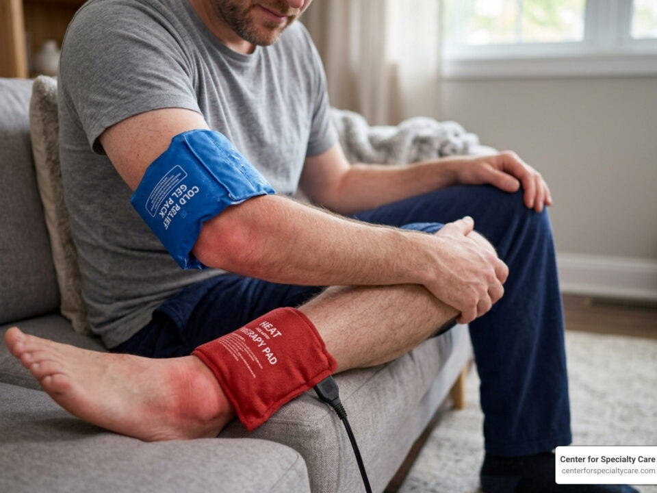 ice pack and heat pad next to an inflamed elbow and Achilles tendon - is heat or ice better for tendon pain